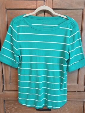 Talbots Kelly Green / White Striped Knit Top Size L